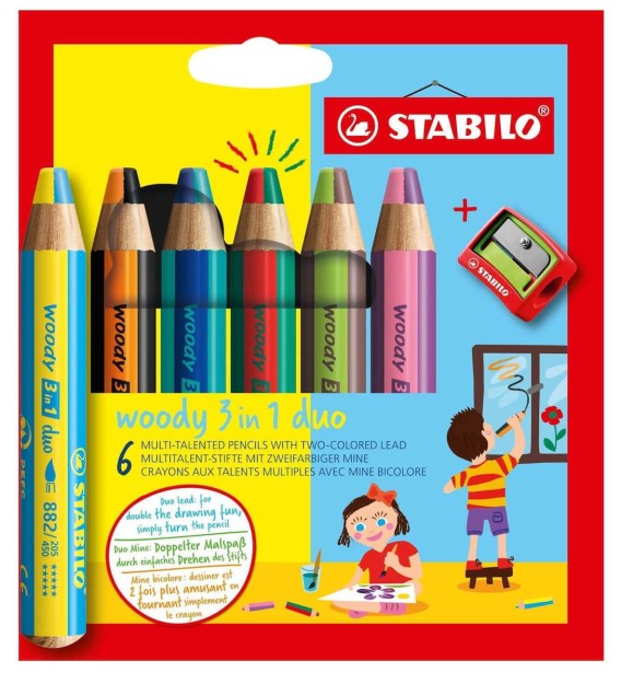 Stabilo Woody 3in1 Duo Σετ Ξυλομπογιές με Χοντρή Μύτη 6τμχ