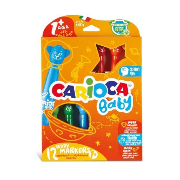 Carioca Baby Teddy Markers 1+ Πλενόμενοι Μαρκαδόροι Ζωγραφικής Χονδροί σε 12 Χρώματα