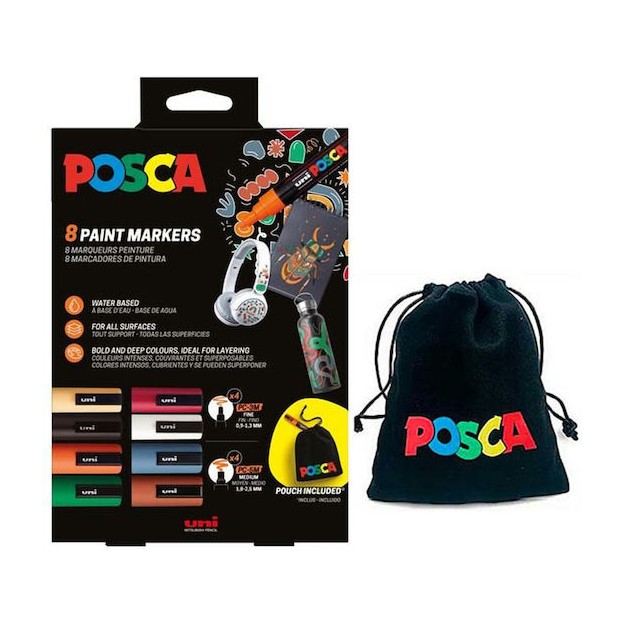 Μαρκαδόροι Σχεδίου Uni Posca Pc3m Pc5m Πάχος Μύτης 0.9-1.3mm 1.8-2.5mm & Πάνινο Πουγκί 9 Τεμάχια