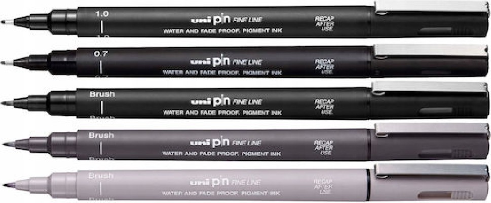 Uni-Ball Pin Μαρκαδόροι Σχεδίου Σετ 5 τεμάχια (Light Grey, Dark Grey, Deep Black)