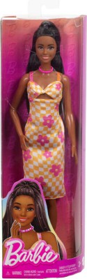 BARBIE FASHIONISTAS - CHECKERED FLOWER MIDI DRESS, BLACK HAIR - HYT91