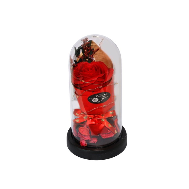 Καμπάνα με Υφασμάτινη Ανθοδέσμη Τριαντάφυλλου & Φως LED – 21×11 cm