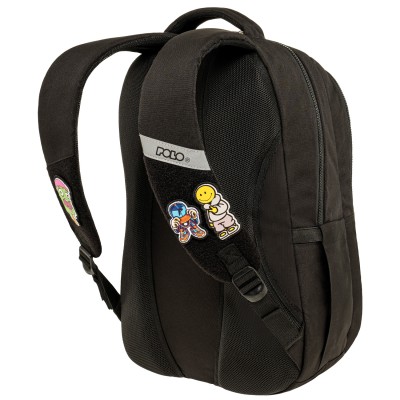 Polo Patches Σχολική Τσάντα Πλάτης Δημοτικού Μαύρη Σχέδια Velcro 9-01-079-2000