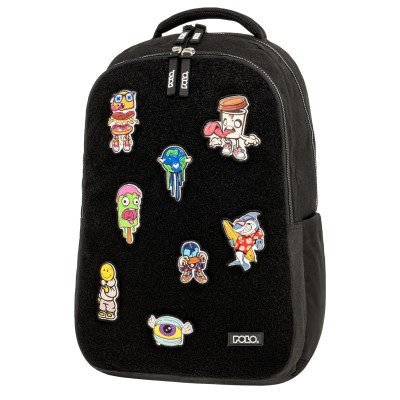 Polo Patches Σχολική Τσάντα Πλάτης Δημοτικού Μαύρη Σχέδια Velcro 9-01-079-2000