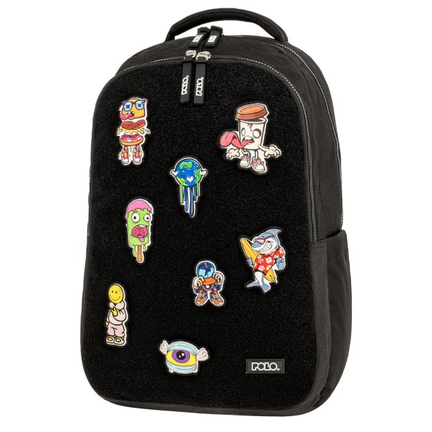 Polo Patches Σχολική Τσάντα Πλάτης Δημοτικού Μαύρη Σχέδια Velcro 9-01-079-2000