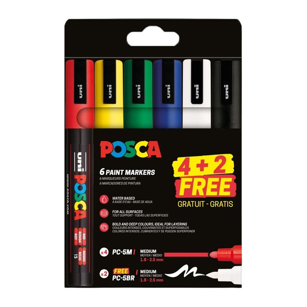 Posca Σετ 4 Μαρκαδόροι Posca PC5M + 2 Δώρο PC5BR Μύτη Πινέλο PC-5M/PC-5BR