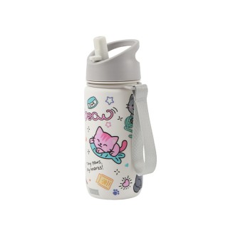I-Total Παγούρι Θερμός με Καλαμάκι Λευκό ''Cats'' 420ml ID0557A