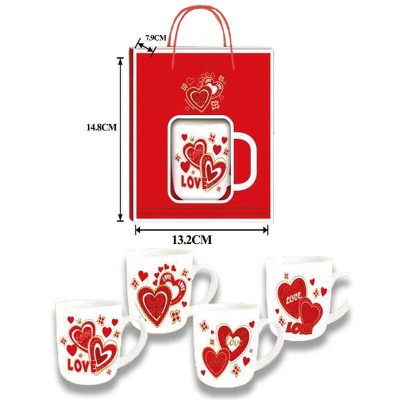 Κούπα Κεραμική Λευκή με Καρδιές σε Τσαντάκι Δώρου